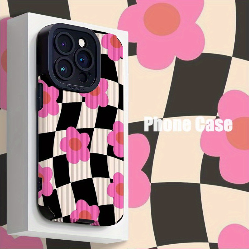 TEMU A Cute Pattern Featuring Black And White Checkered Design With Pink Flowers, Suitable For Tpu Cases For Iphone 16 Pro Max, Iphone 15 Pro