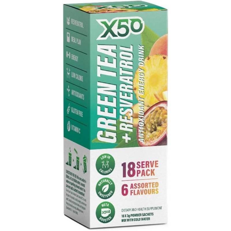18 Sachets Green Tea & Resveratrol Energy Drink Powder - Supplement with EGCG, Antioxidants, 6 Flavors (Peach/Tropical/Raspberry/Lemon/Ginger) - Low Calorie, No Sugar-Free Sweeteners, On-the-Go Powder Packs