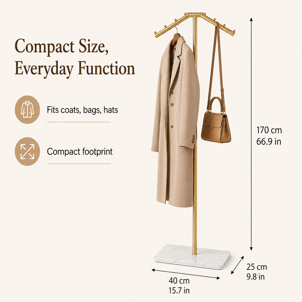 Image of Golden Metal Freestanding Garment Rack With Marble Base, Modern Coat Hanger Stand Featuring 4 Hooks, Heavy Duty Space-saving Clothes Organizer For Entryway And Bedroom