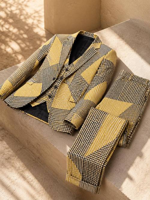 costum bărbătesc nou cu model geometric , piese, cu cămașă cu mânecă lungă, vestă și pantaloni, ținută elegantă de afaceri pentru nuntă și petrecere