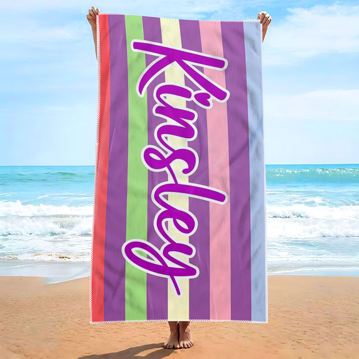 TEMU 1 Personalized Colorful Vertical Stripe Beach Towel, Customizable With Name, Quick-drying, Super Absorbent, Towel For Beach, Swimming, Surfing,