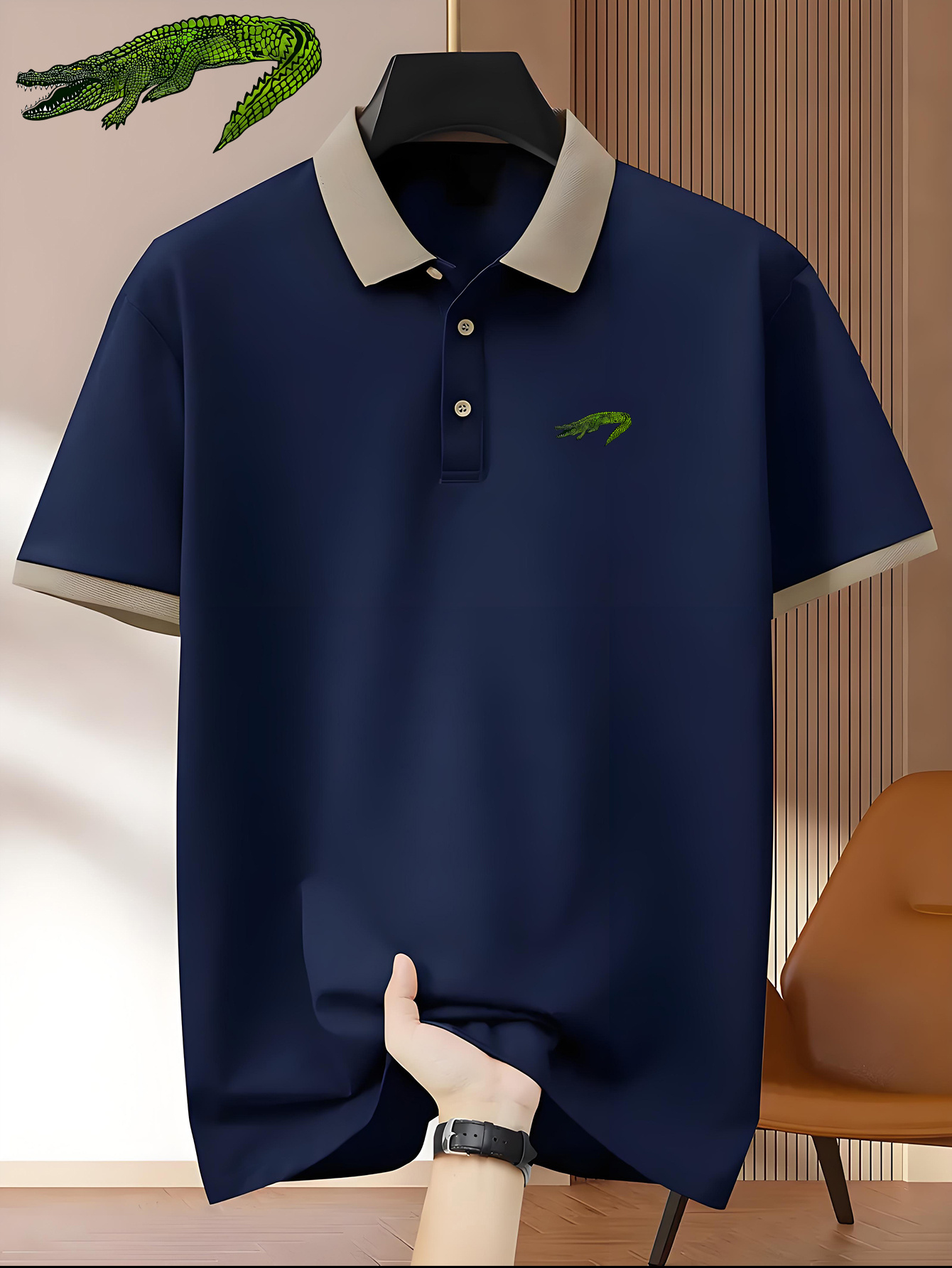 Men'S Premium Business Casual Polo Shirt - Knit Polyester Fabric, Regular Fit, Short Sleeve, Lapel Collar, Slight Stretch, Geometric Pattern with Button Detail, Summer Style