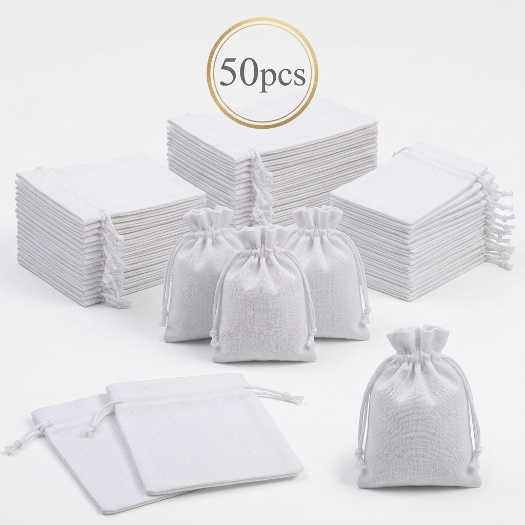 TEMU 50pcs White Drawstring Gift Bags Small Fabric Jewelry Pouches Candy Packaging Sacks, Durable Breathable Lightweight Washable Organizers For