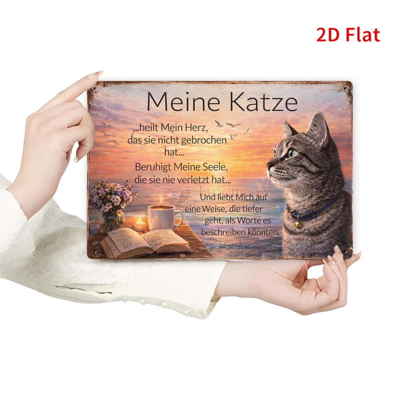 E-shop 2D-Flach, [2Dflat] . 30x20cm - Vintage Blechschild mit Katzen-Liebeszitat, Retro deutsche Katze Ozean-Sonnenuntergang Metall-Wandkunst,