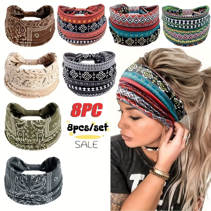 Image of 8-pack Bohemian Wide Sports Headbands | Hair Bands For Yoga, Exercise & Holiday Gifts