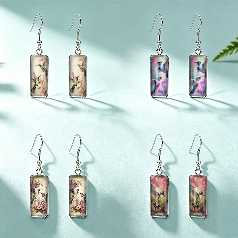 TEMU 4 Pairs Fashion Hummingbird Flowers Illustration Rectangular Hooks Pendant Earrings Glass Jewelry Accessories Men's Gifts