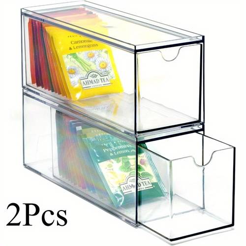2pcs clear acrylic stackable tea bag organizer space saving kitchen pantry storage solution for tea packets design with multiple compartments