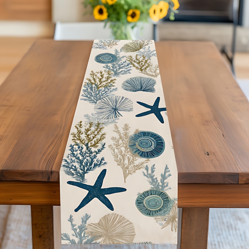 TEMU Coastal Seashell Starfish Table Runner - Blue And Beige Nautical Design, Polyester Tablecloth, Suitable For Summer Parties, Picnics,