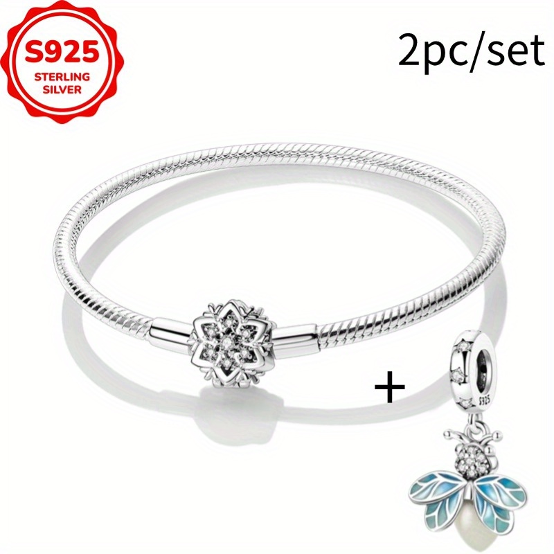 Image of 925 Sterling Silver Snowflake Bracelet+luminous Firefly Charm Bead Set Suitable For Women's Fashion Diy Bracelet Necklace Engagement Birthday Gift