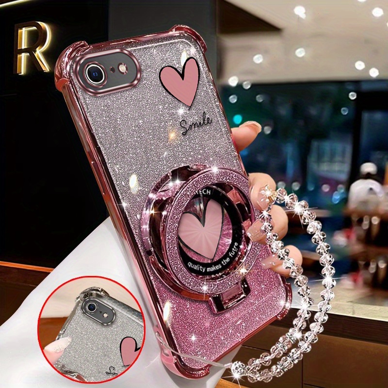 TEMU Phone Case: Cat Companion And Circular Stand Pearl Lanyard For Iphone Se (2022) Comfortable Feel Se (2022) Case Perfect For Casual