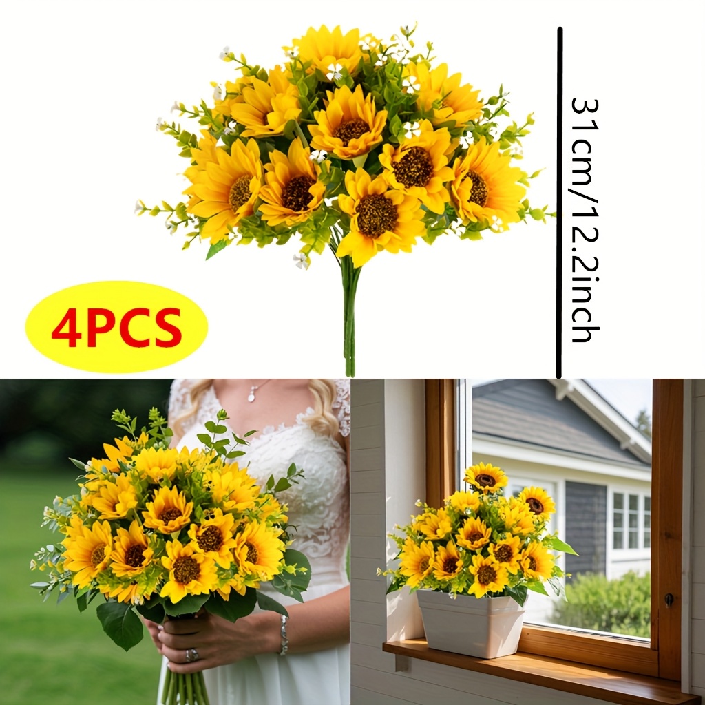 TEMU 4pcs Artificial Sunflower Bouquets, Vibrant Yellow& Green Durable Plastic Flowers For Indoor& Outdoor Decor, Ideal For Home, Hotel, Diy Crafts,