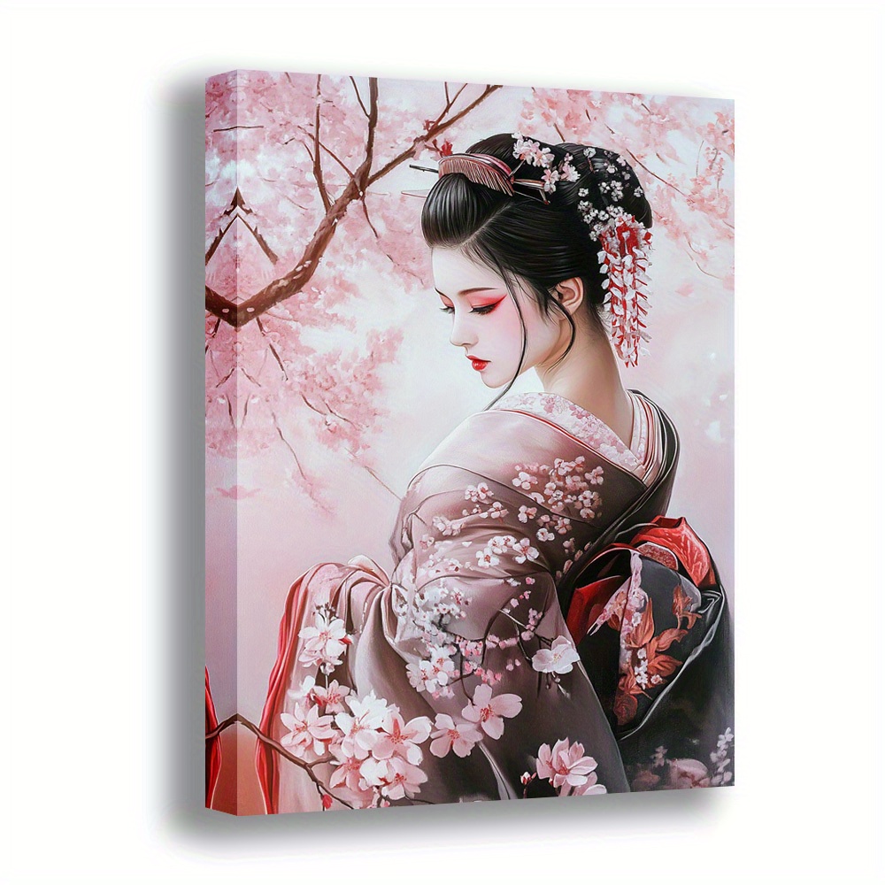 TEMU 2d Flat, 1pc Cherry Geisha Canvas Wall Art - Modern Vintage Japanese-inspired Floral Print, Wrapped Wooden Frame, High-quality Vertical Wall