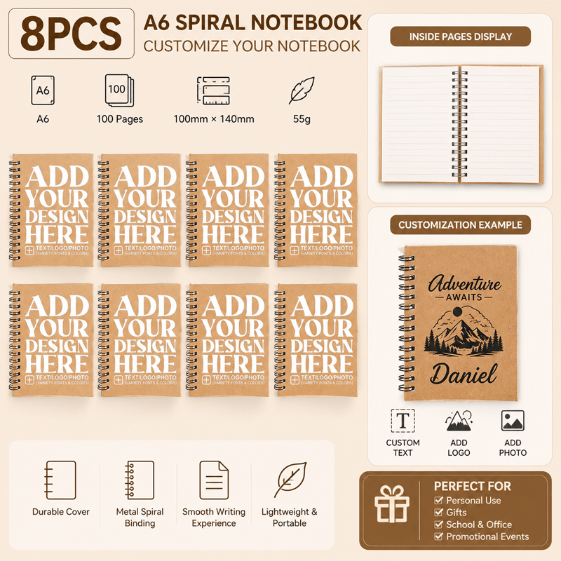 TEMU Carnet à spirale A6 personnalisé, de poche avec impression de texte, nom, logo, photo, couverture en papier personnalisable, carnet ligné, mini