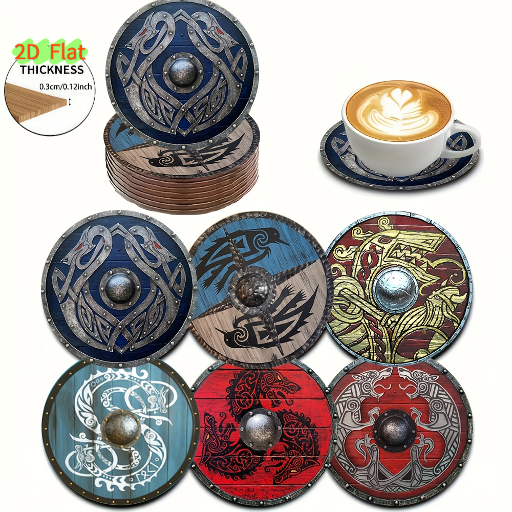 TEMU Juego de 6 posavasos redondos de madera con diseños de vikingos, protectores de vintage para bar, decoración para el hogar, perfectos como