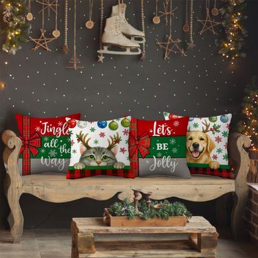 Fundas de almohada navideñas 2D de 4 piezas para perro y gato, patrón de bolas de Navidad y copos de nieve, impresión plana artesanal, múltiples tamaños disponibles, estilo navideño sin relleno de almohada, cremallera oculta, decoración moderna y fácil de ambiente, adecuada para sofá, sala de estar, dormitorio, interior, etc.