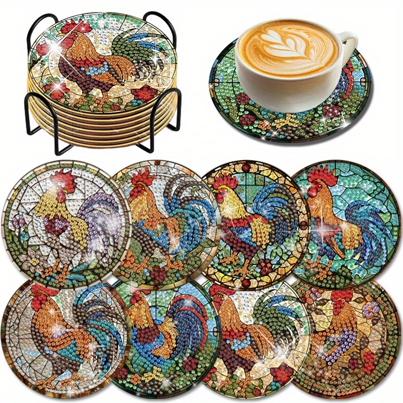 TEMU 8pcs/set Rooster Pattern Diamond Painted Coaster Set Sparkling Rhinestone Heat-resistant Beverage Mat With Holder Coaster Beginner, Diamond Set