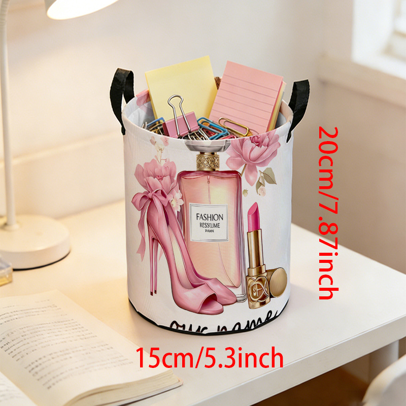 TEMU 1 pièce Mini Panier de Rangement Rond en Tissu Oxford, Motif Style Beauté Imprimé à Plat 2D, avec Talons Hauts, Parfum, Rouge à Lèvres et Autres