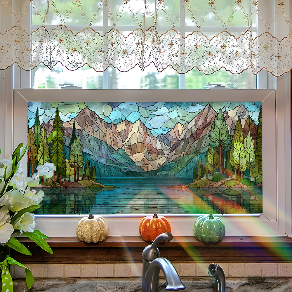 TEMU 2d Flat, 1pc Static Cling Window Film Suitable For Privacy Glass Sticker - Stained Lake With Pattern, Pvc Covering, No Glue Application For &