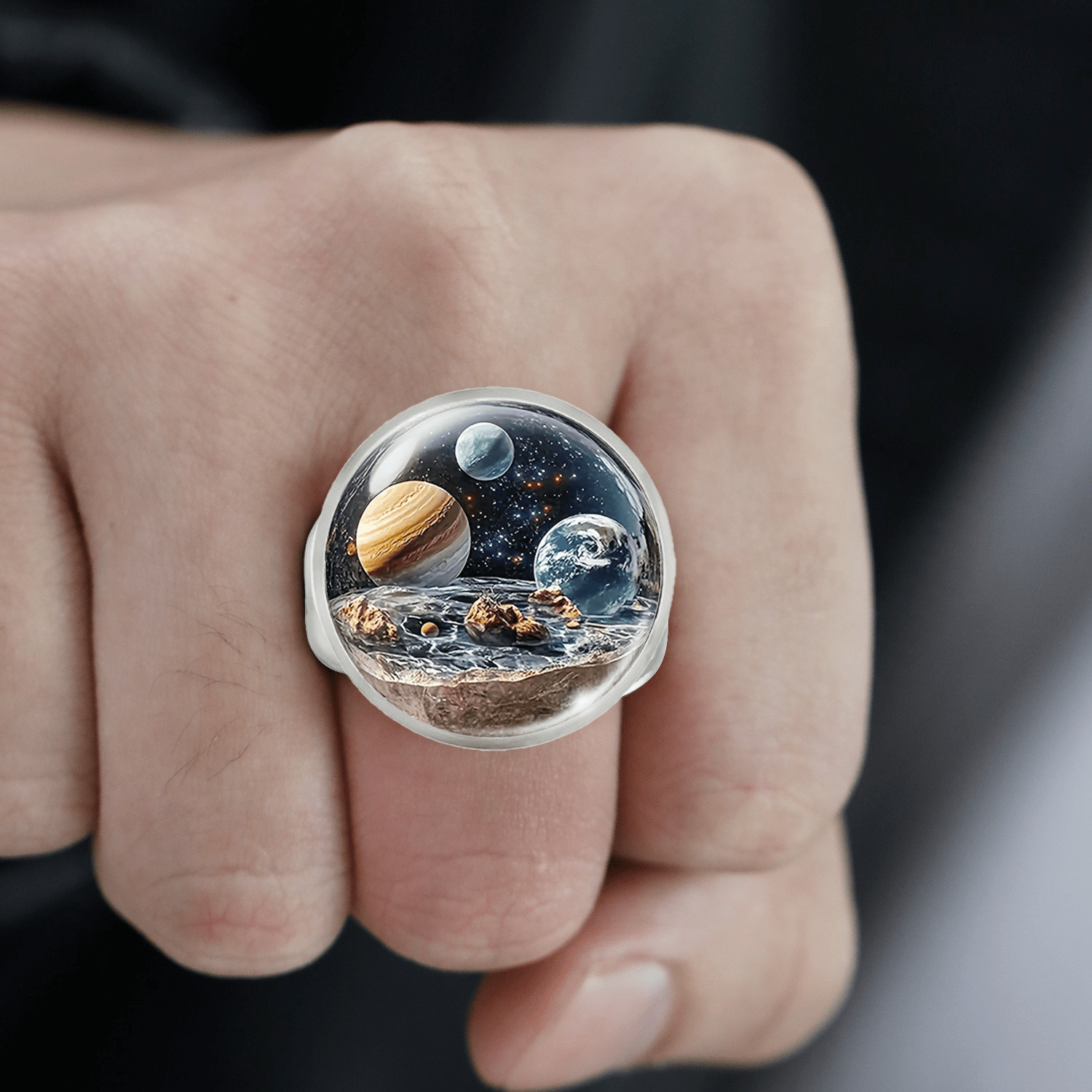 Adjustable White Ring with Universe Planets Design