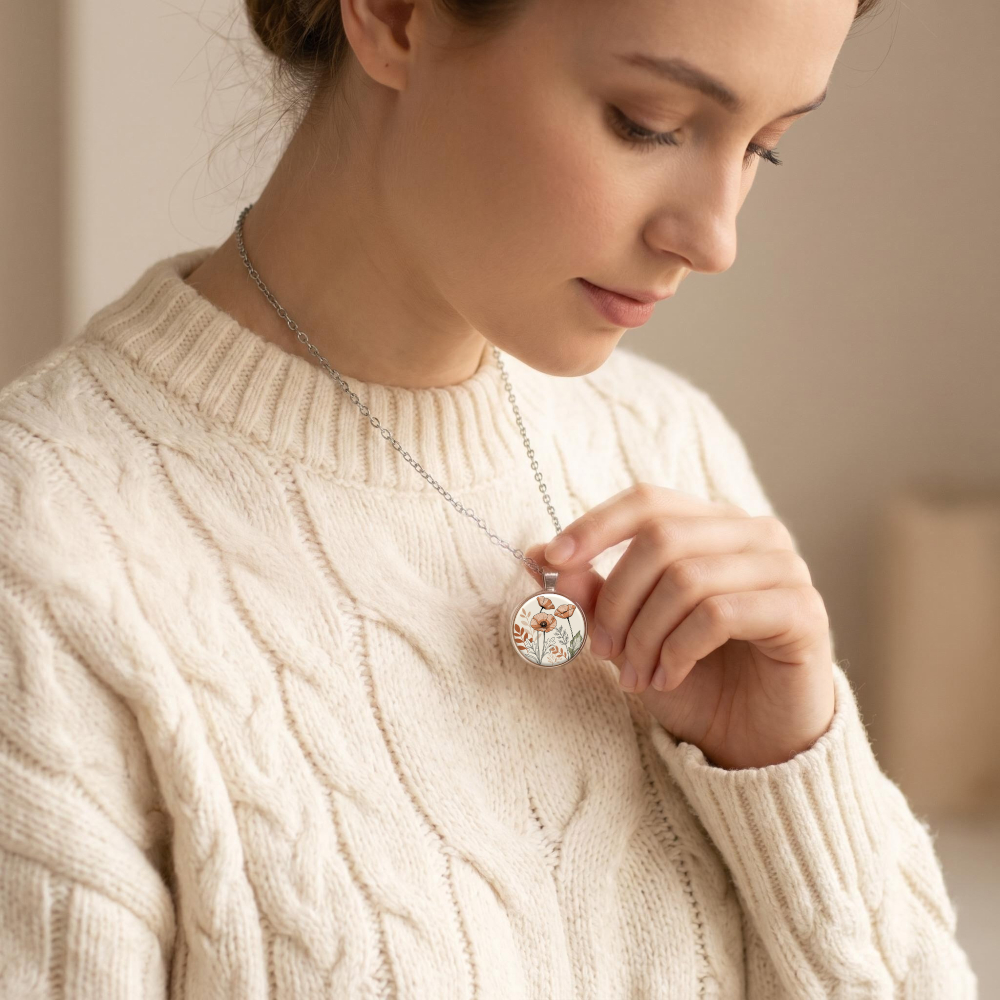 Unisex Round Glass Alloy Floral Pendant Necklace
