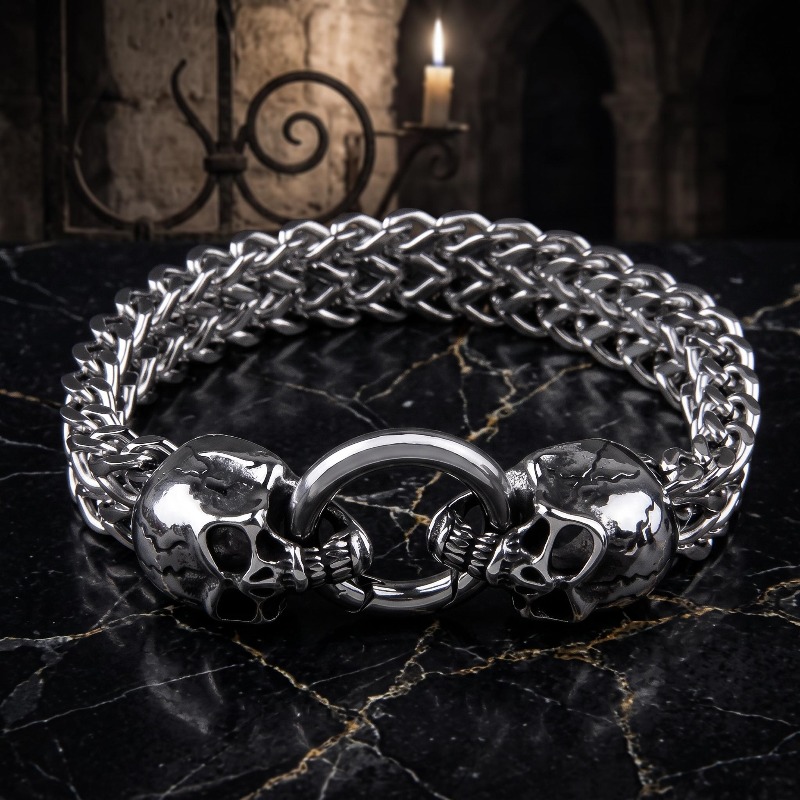 Men's Vintage Stainless Steel Double Skull Chunky Chain Bracelet