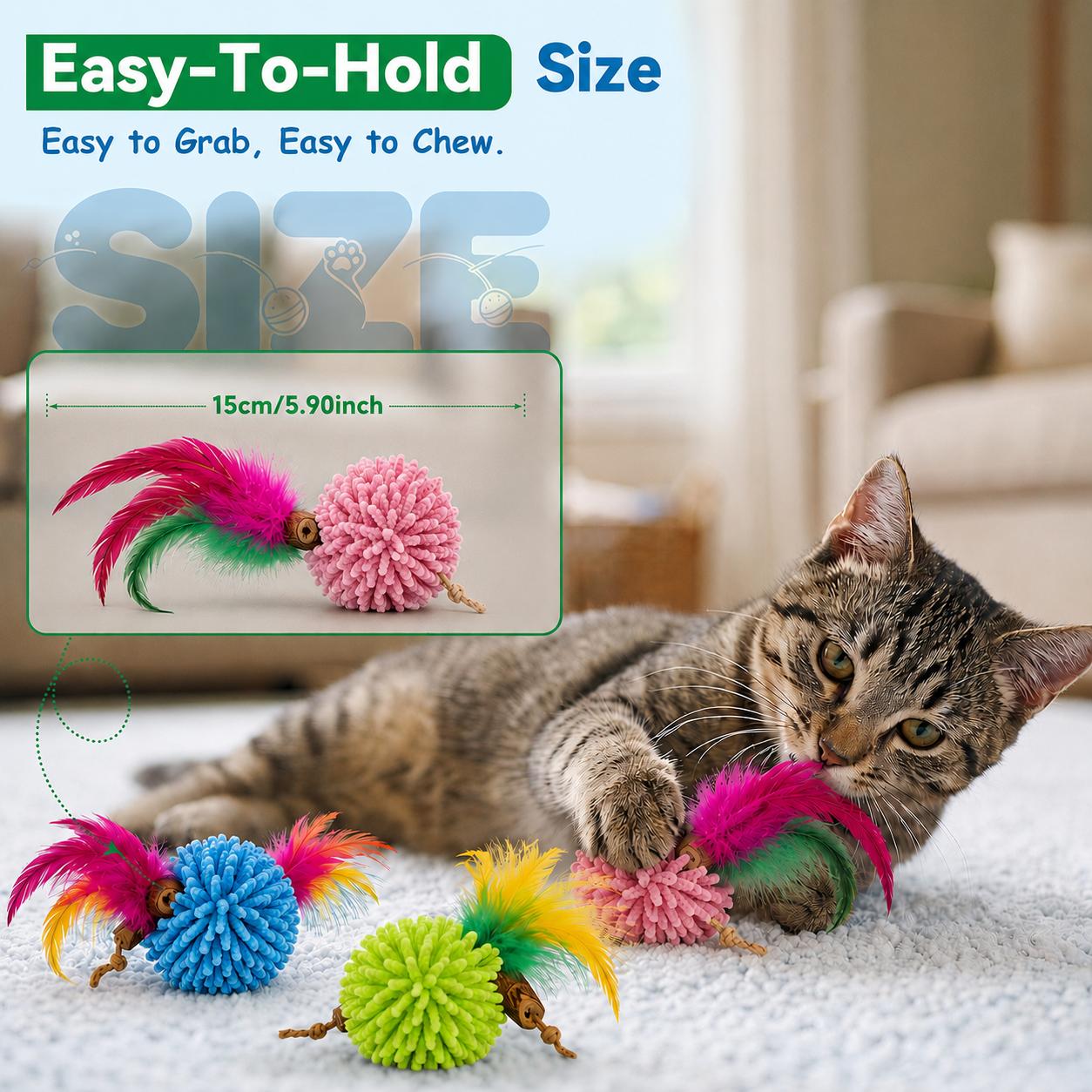 TEMU 3pcs Indoor Interactive Cat Ball Toy For Young Cats To Boredom, Imitating Feathers To Balls, Silent Rolling Without People. Safety Teeth