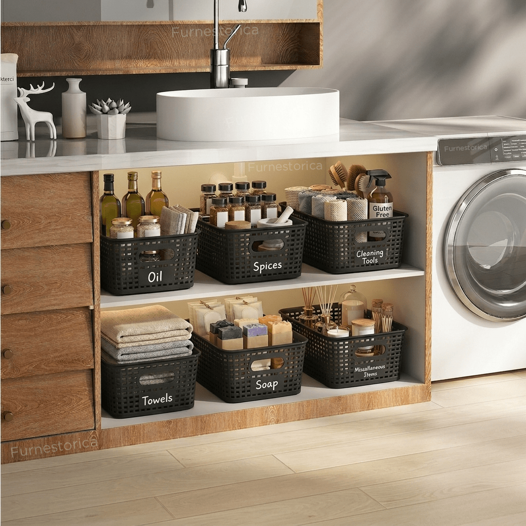 Image of 6pcs Under-sink Organizer Set With 18 Labels, Stackable Plastic Storage Baskets, Woven Style Storage Bins With Handles For Kitchen, Bathroom, Cabinet, Pantry, Closet, Laundry Room And Office
