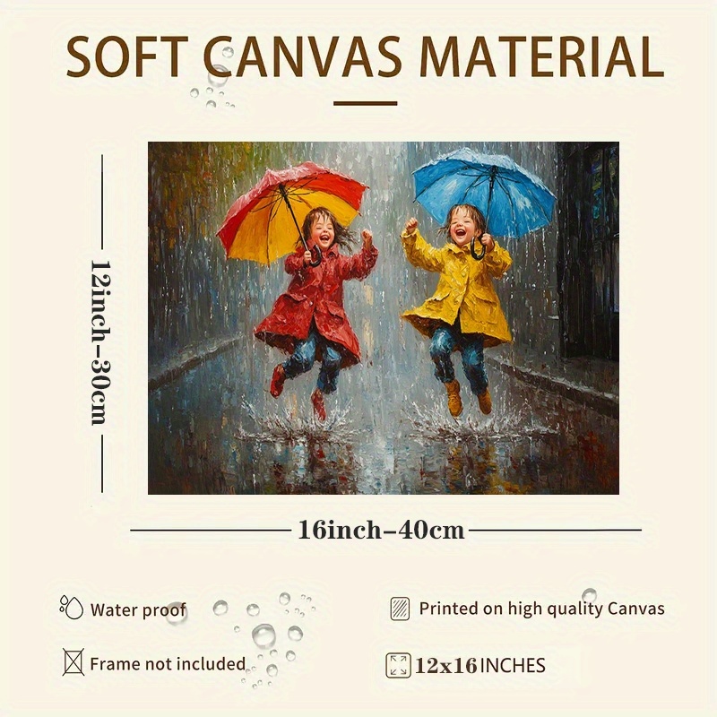 TEMU 1pc Vintage Children With Colorful Umbrellas Poster - Red, Yellow, , Green, Golden Umbrellas - Uv/fade- Canvas Print - Frameless Wall Decor For,