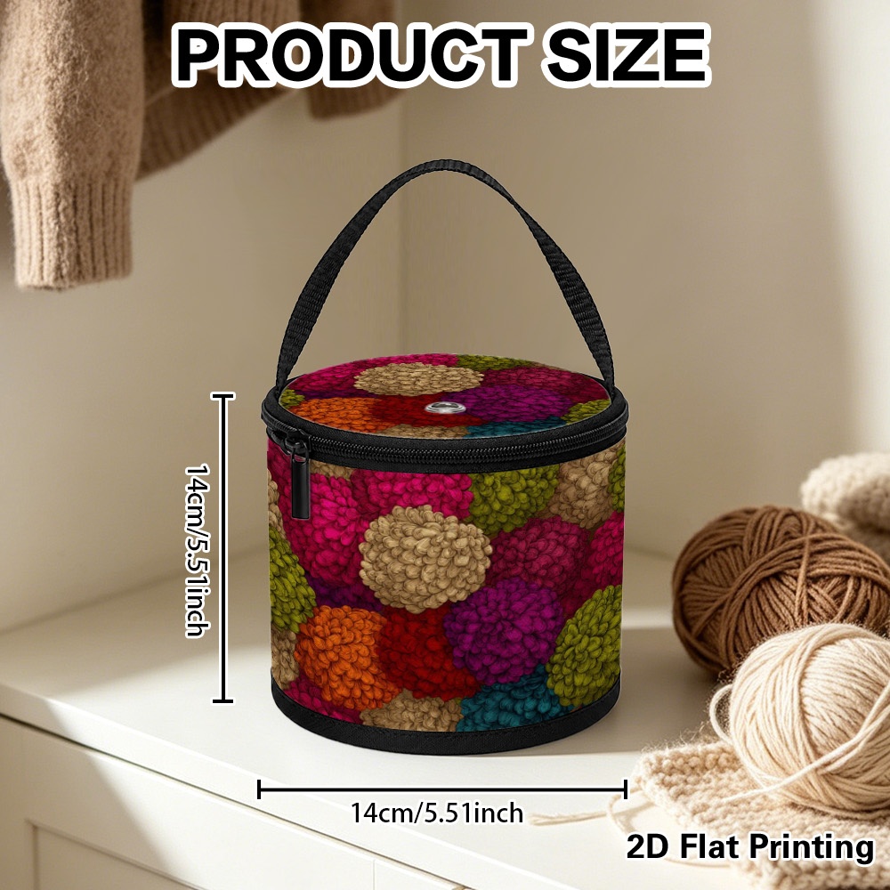 TEMU 2d Flat, 1pc Colorful Hand-drawn Pom-poms Printed Portable Yarn Storage Bucket With Zipper Closure And Handle, Knitting Supply Tube With Yarn