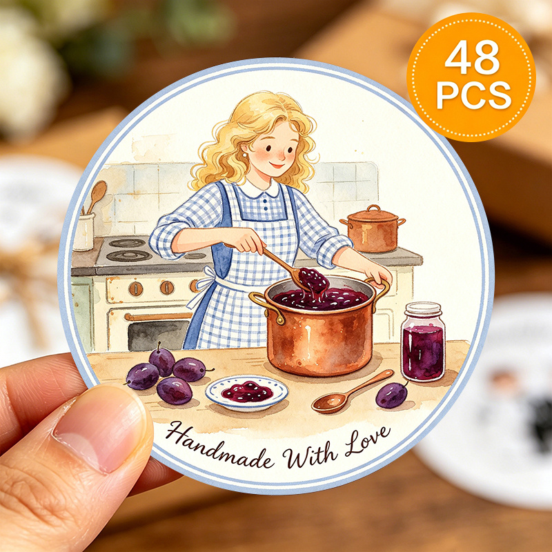 TEMU 48pcs Round Stickers, Watercolor Cooking Plum Jam Kitchen Scene, Ideal For Glass Jam Jars And Subpackaging Bottles, Jam Gift Boxes, Favor Bags,