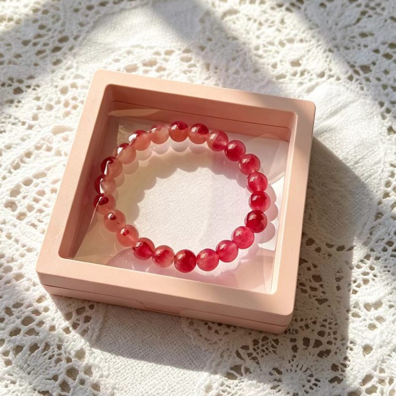 Ice Pink Strawberry Quartz Beaded Bracelet, Floral Inclusion