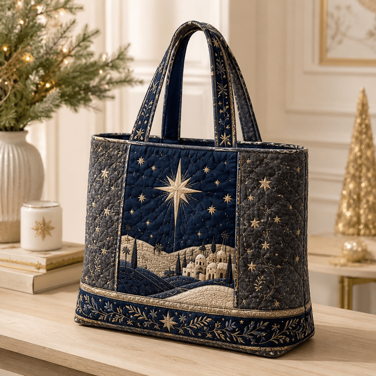 Image of 17 X 15 Inch Quilted Tote Bag For Women, Bethlehem Star Navy Blue Tote With Snow Embroidery And Charcoal Quilted Design, Soft Handheld Bag, Large Capacity School Work Bag For Daily Use Weekend Gym