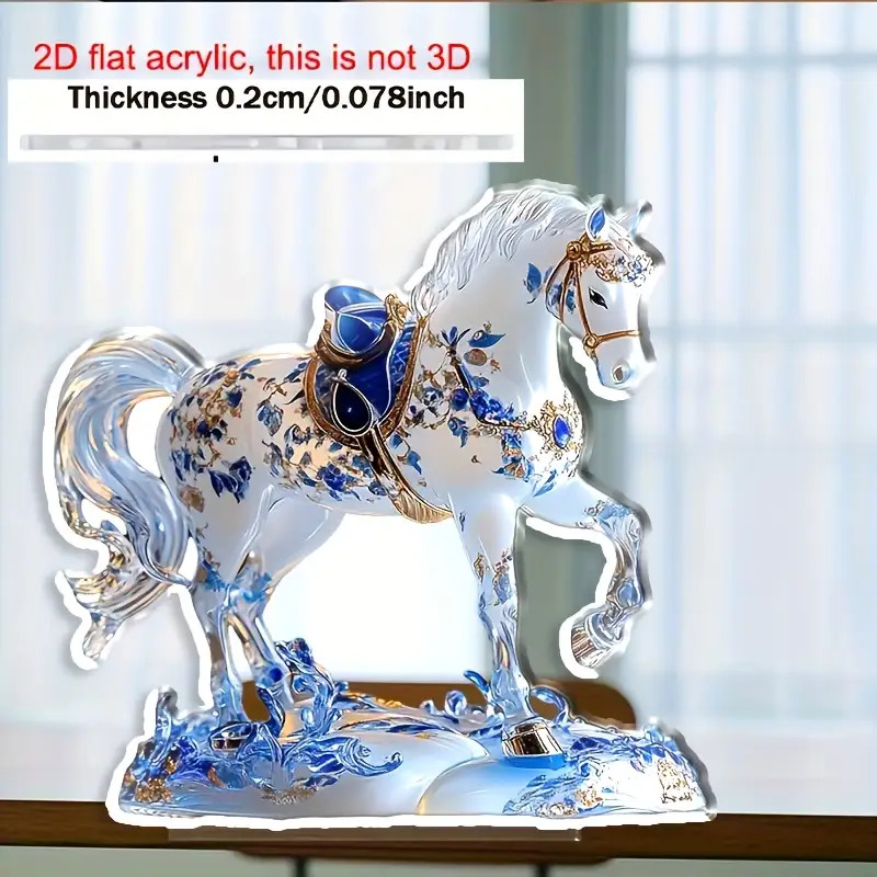 TEMU Statue Sculpture de Cheval Bohème Bleu et Blanc 2D Plat - Décoration de Bureau Minimaliste en Acrylique pour Maison, Bureau, Étagère - Figurine
