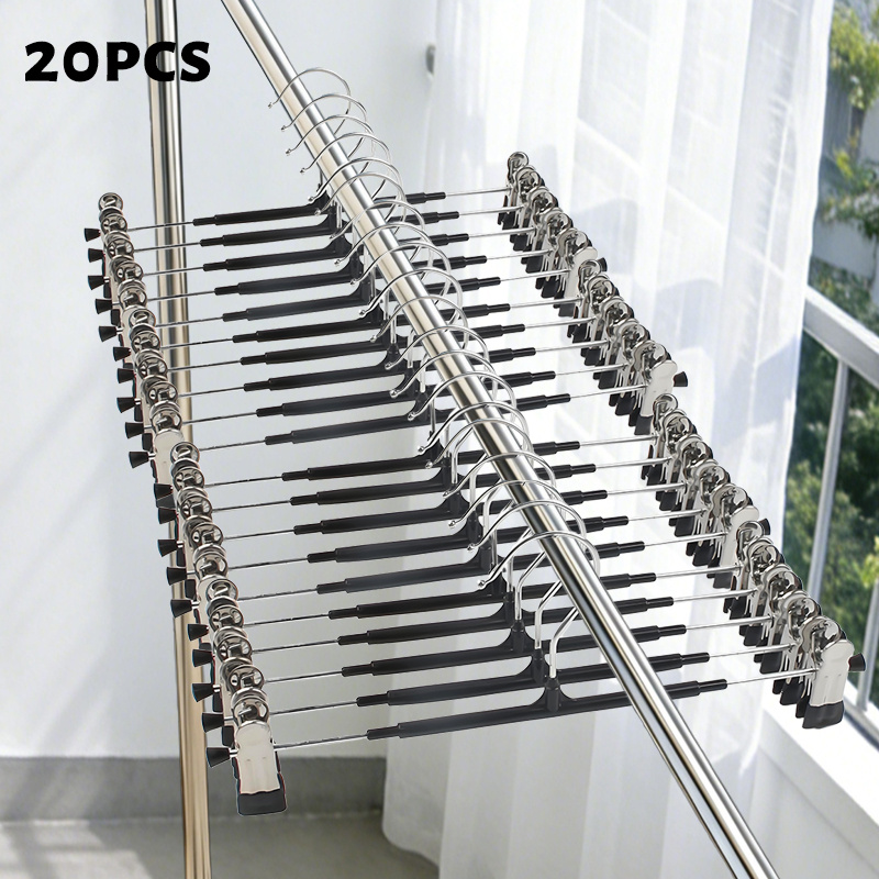 TEMU 20pcs Pant Hanger Set With Clips - Available In Black And White, Stainless Steel For And Durability, Non-slip Coating For Easy Hanging
