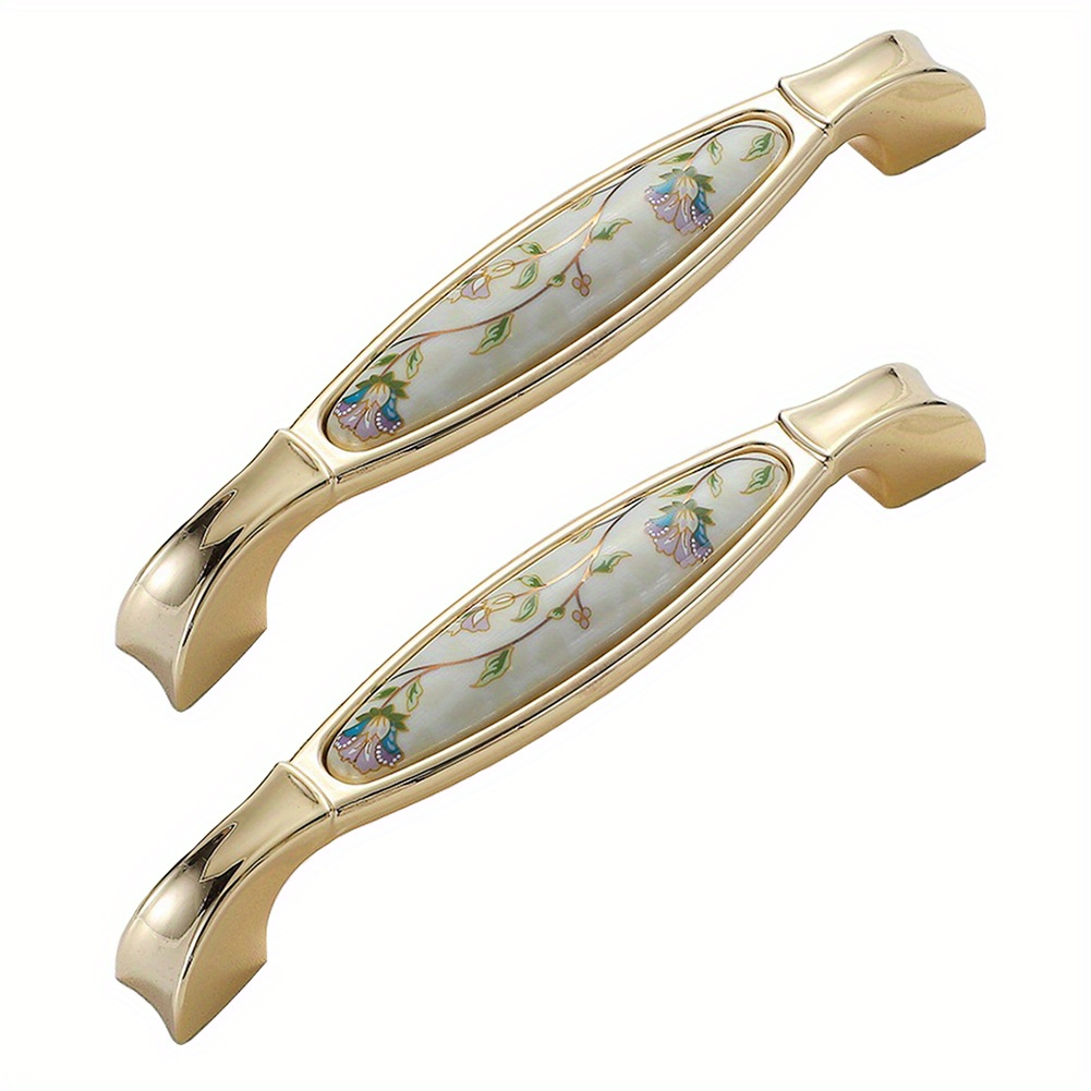 TEMU 4pcs Decorative Cabinet Pulls - Floral Ceramic & Golden 6" Heavy-duty Drawer Handles With Polished End, Elegant Kitchen Hardware For Cabinets &