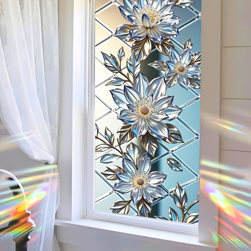 TEMU 1pc Elegant Static Cling Window Film Suitable For Living Room - Frosted Glass Covering With Artistic Floral Pattern, Light Filtering Decor, Pvc
