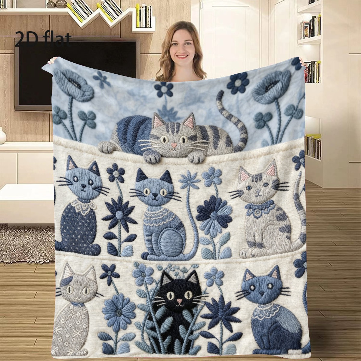 TEMU 1 pièce Couverture douillette imprimée à plat 2D, Motif de patchwork de chats, Plaid pour canapé, Couverture d'hiver chaude, pour décoration de