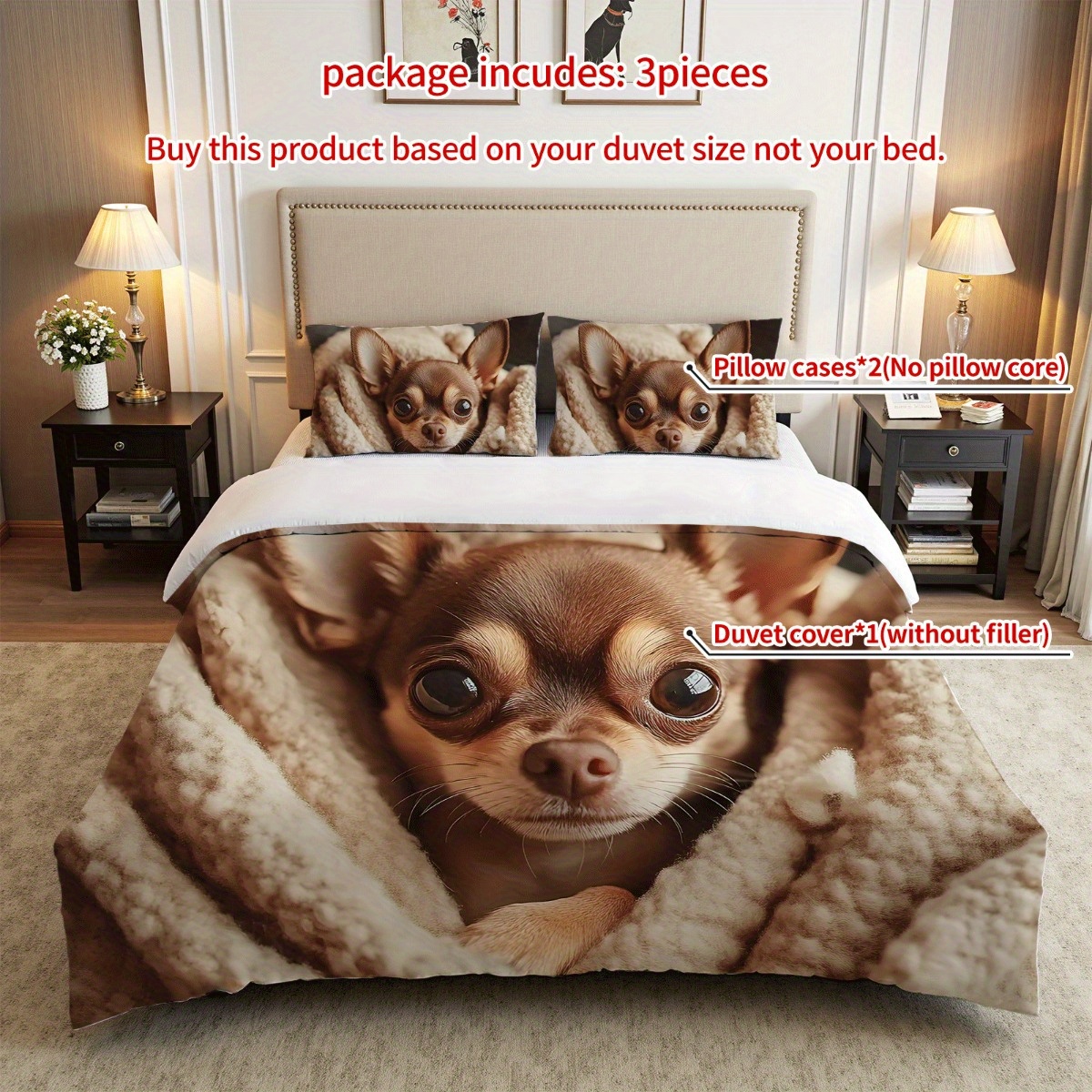 TEMU 3pcs Chihuahua Duvet Cover Set, Animal Print, Theme, Breathable Polyester, , Machine Washable, , No Insert For Bedding (1duvet Cover  