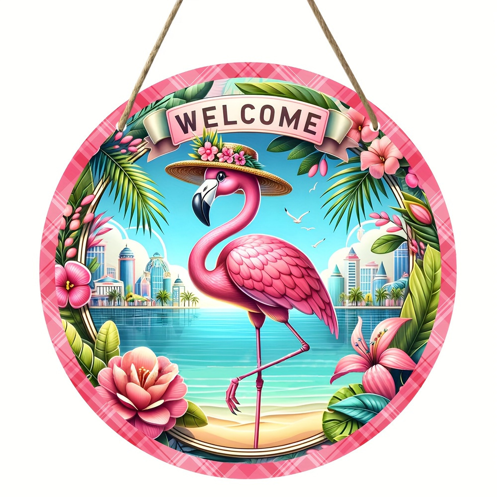 TEMU 2d Flat, Tropical Flamingo Welcome Sign With Flamingos & Palm Leaves - Hanging Door/wall Decoration Suitable For Home, Party, - No Electricity