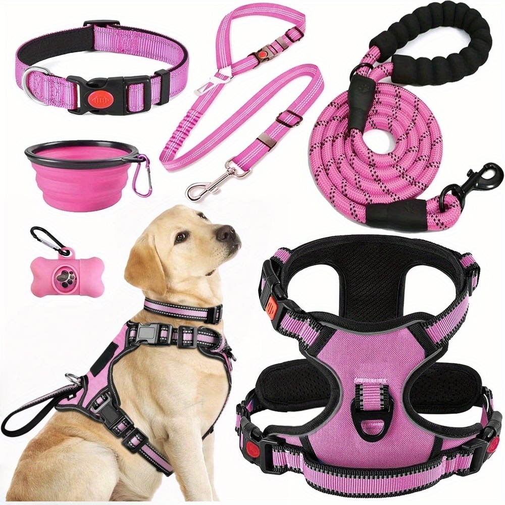 6pcs Dog Outdoor Gear Set With Harness, Collar, Leash, Seat Belt, Traction Rope, Collapsible Bowls, Poop Bag Dispenser Ideal For Training, Walking, Hiking, Fits For All Dog Breeds (pink-l)