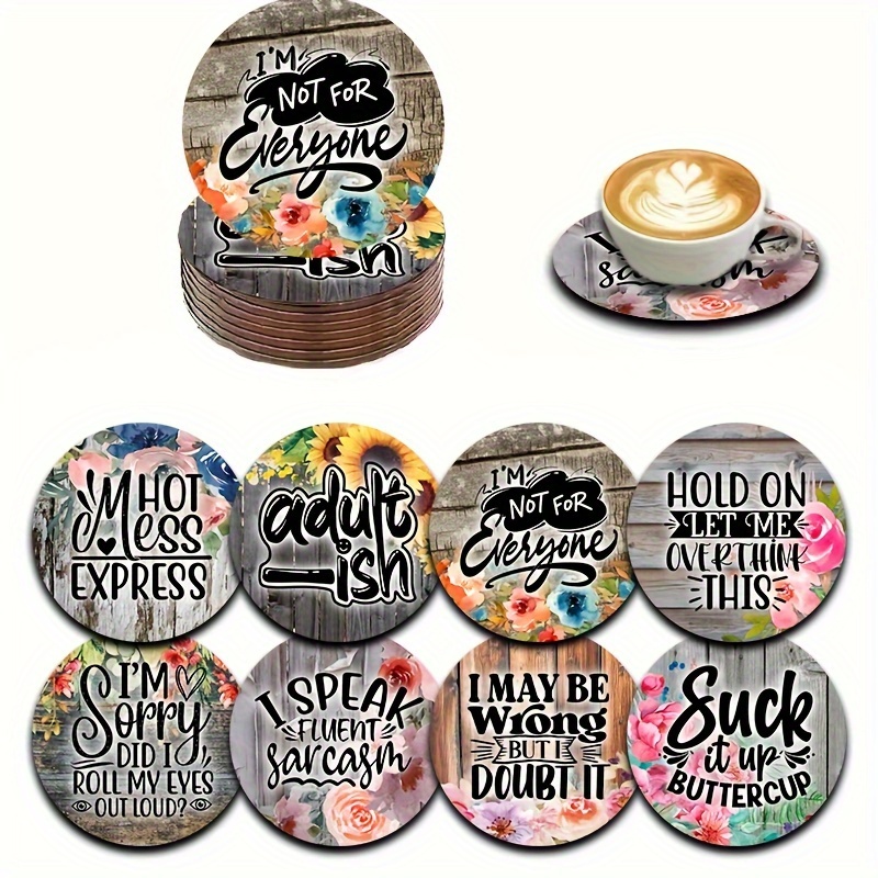 TEMU 8pcs Vintage Sarcastic Funny Wood Coasters, Car Coasters, Tea Coasters, Coffee And Beverage Mug Coasters, Suitable For Home And Dining,