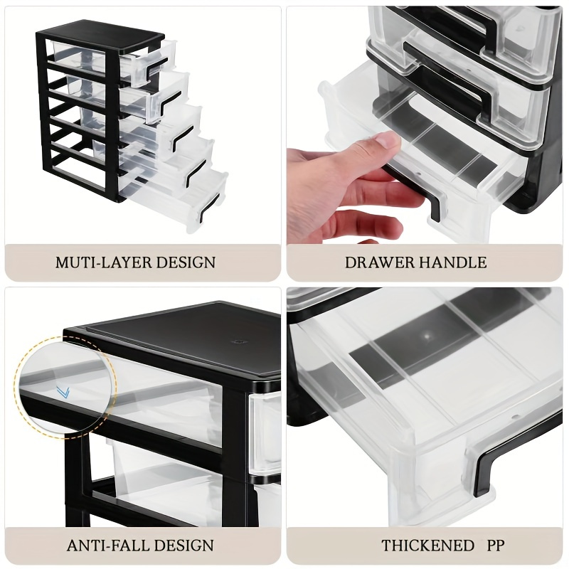 5-Tier Black Transparent Plastic Storage Cabinet with Drawers