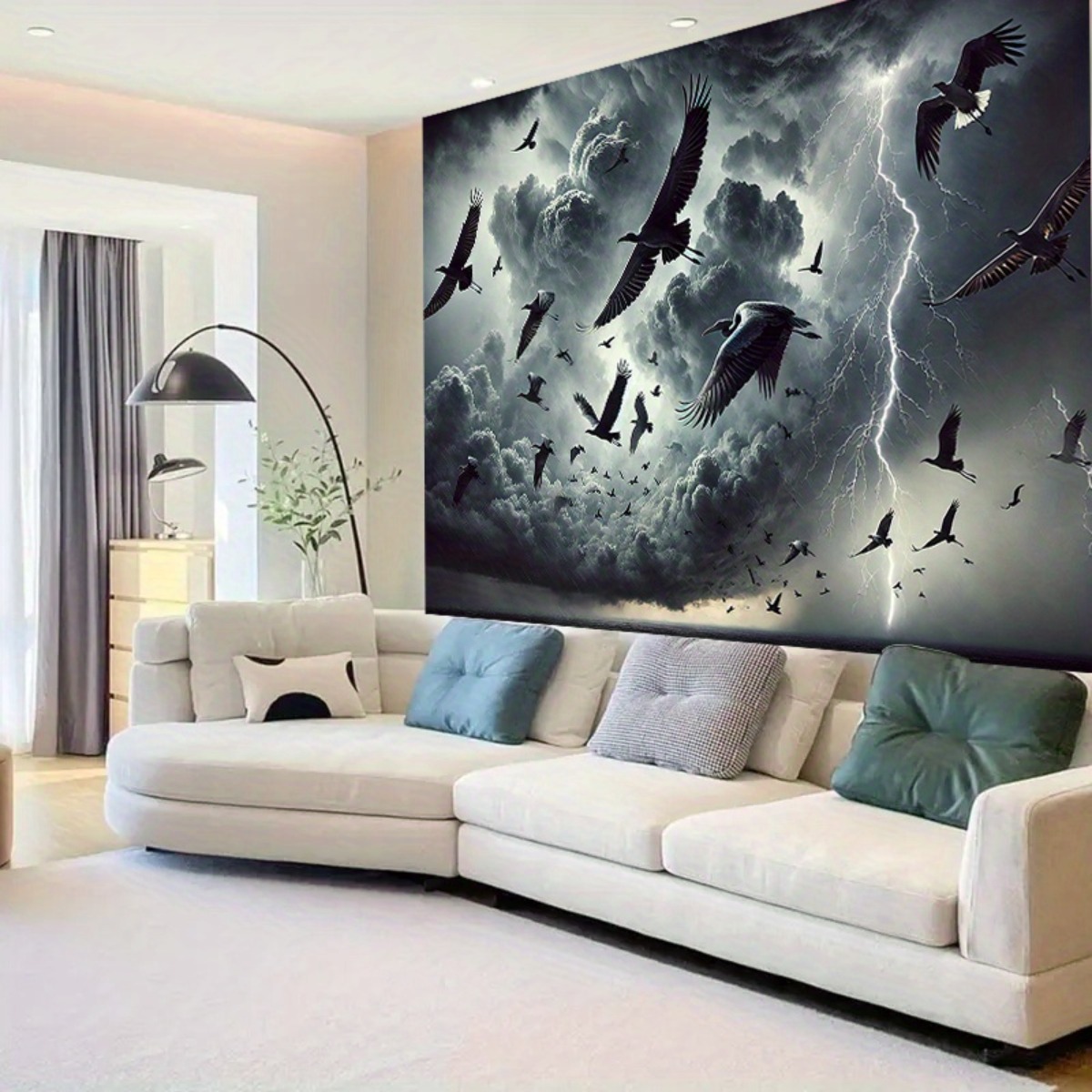 Large Fabric Wall Tapestry Storm Birds Thunderclouds Lightning_voghion.com