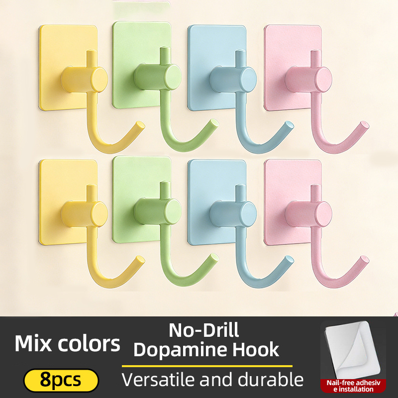 TEMU 8pcs No-drill Adhesive Hooks, Dopamine-style Strong Adhesive Hooks For Hanging Clothes Behind Doors, Bohemian Style, Attractive And Durable,