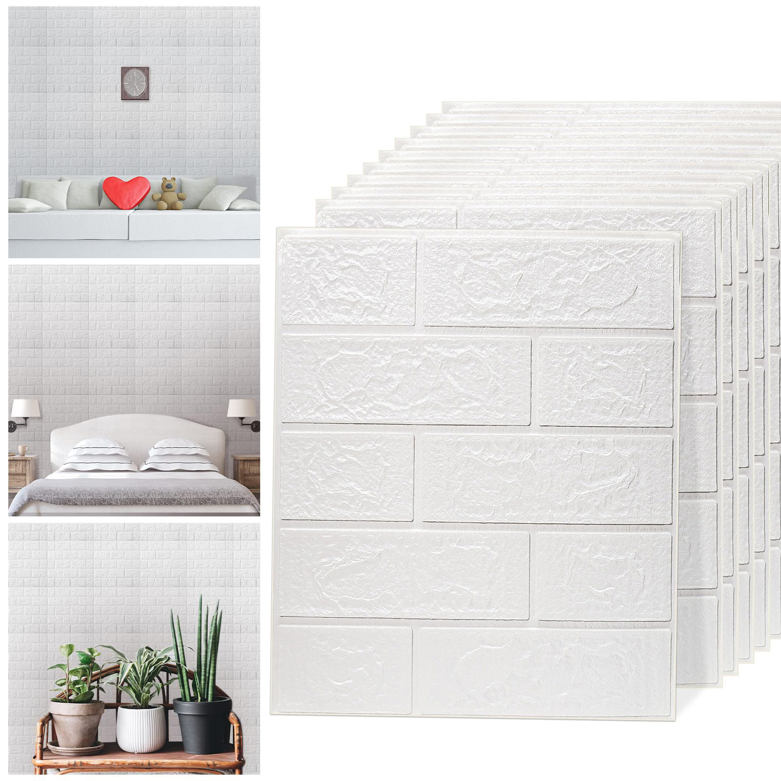 Image of 50pcs White 3d Brick Wall Panels (35×38.5cm) - Self-adhesive Waterproof Foam Wall Stickers