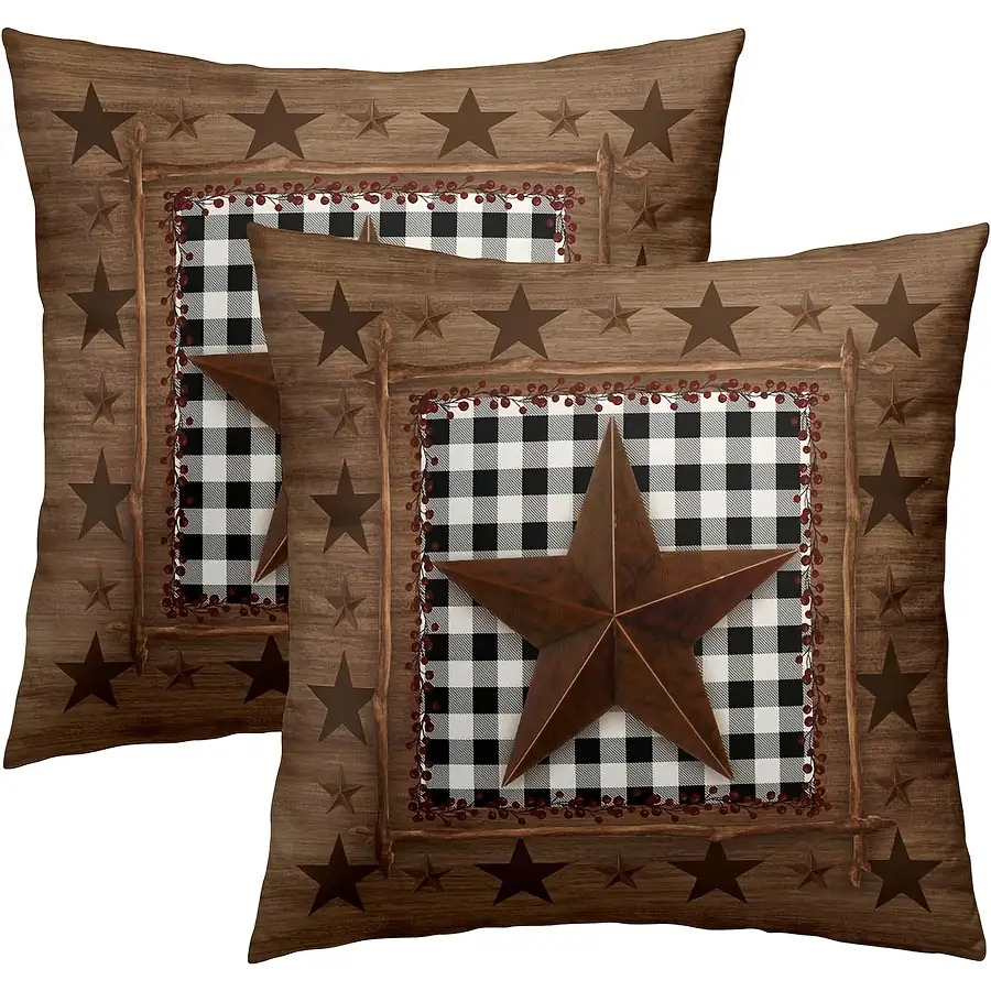 TEMU 2pcs, Polyester, Rustic Western Style Pillow Cover- 18x18 Inch Black Pillow Cases Set Of 2 Vintage Style Stars Cushion Cover For Home Bedroom Sofa Decor, Single-sided, No Pillow Core