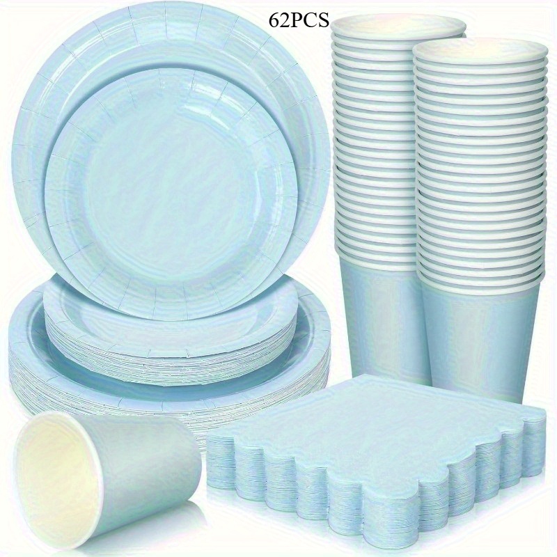 Image of 62pcs, Light Blue Paper Plates Napkins Cups Set, Blue For Party Supplies For Party, Wedding, Birthday, Holidays