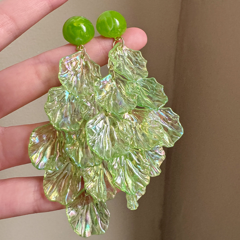 TEMU Women's Earrings, Green Iridescent Petal Tassel Long Drop Earrings, , Versatile And Elegant Women's Accessory, Dates, Vacations, And Holiday