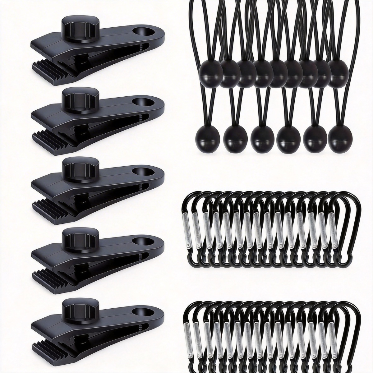 30pcs Tarp Clips Set, 10 Heavy Duty Tarp Clips With 10 Tent Bungee Cords And 10 Carabiner Clips For Camping Tents Covers - Black Outdoor Tent Accessories For Tarps Covers & Secure Fastening