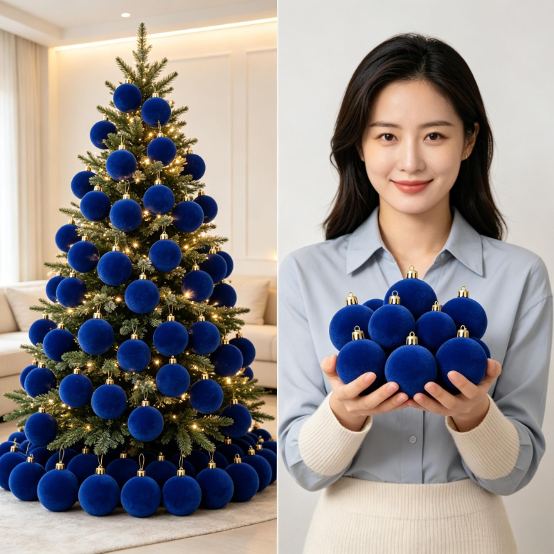 TEMU 28pcs Suitable For Christmas Sapphire Blue Flocked Ornament Set - Retro Crystal Hanging Decorations With Velvet Matte Pendants, Drop-resistant